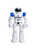 Isolated white robot with blue details and various sensors for movement and action photo