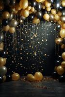 oro y blanco globos con oro papel picado que cae abajo terminado negro antecedentes. nuevo año, cumpleaños o Boda celebracion generado.ai foto