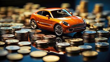 AI generated Close-up of a red sports car on a pile of gold coins video