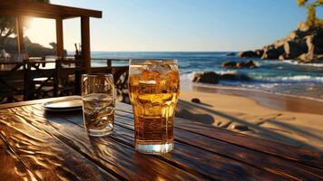 ai gegenereerd heerlijk verfrissend verkoudheid bevroren thee in een glas Aan een tafel Bij een strand bar video