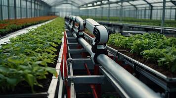 ai gerado inteligente agricultura, automatizado industrial robótico braço colheita acima plantas dentro uma estufa video