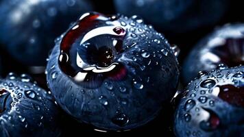 AI generated Blueberry with drops of water on a dark background. Macro video