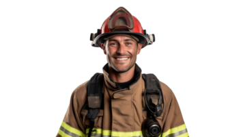 sonriente bombero oficial cortar afuera. contento fuego combatiente en transparente antecedentes png