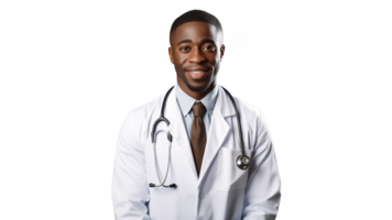 Happy black doctor cut out. Smiling doctor man with stethoscope on transparent background png