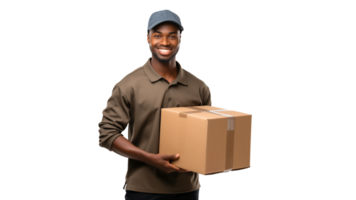 Black courier with box in hands. Delivery guy with package box on transparent background png