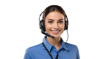 Young happy support woman with headset cut out. Isolated smiling support woman with headphone and mic png