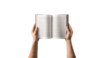 Hand holding open book cut out. Open book in hands cutout. png