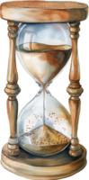 A wooden clock with a glass face and a sand timer png
