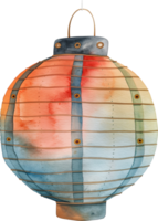 A watercolor painting of a lantern with a blue and orange design png