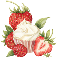 A cupcake with whipped cream and strawberries on top png