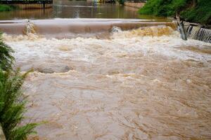 el turbio río agua fluye rápido después el lluvia. foto