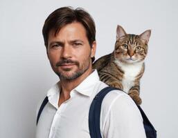 A man with a cat on his shoulder. photo