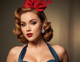 Retro girl in a blue outfit and a red bow. photo