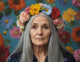 Elderly woman with flowers. photo