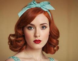 Portrait of a red-haired woman with a blue bow. photo