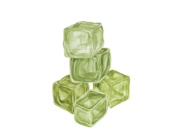 piramide van fruit ijs kubussen. bevroren sap in geel groen kleuren. transparant water kubus. waterverf illustratie voor menu, cocktail partij, folder, voor de ontwerp van ansichtkaarten png