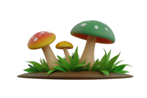 Three color mushroom with grass high quality 3d render png