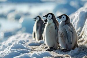 Penguins stand in a row in the snow. Generated by artificial intelligence photo