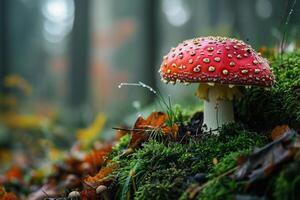 Beautiful big fly agaric in the autumn cloudy forest. Generated by artificial intelligence photo