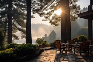 A cafe in the middle of nature overlooking a beautiful sunset and sunrise. The concept of solitude in nature. Generated by artificial intelligence photo