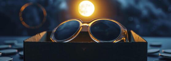 Solar eclipse glasses on a dark blue background photo