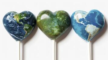 Earth Day heart-shaped lollipops against a white background photo