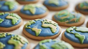 A close up of cookies decorated with blue and green icing the shape of Earth photo