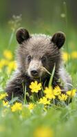 A cute baby bear cub is playing in the green grass with yellow flowers. photo