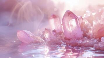 transparente rosado cristal piedras graciosamente flotante en un piscina de agua, abrazado por un suave y elegante ligero rosado ambiente foto