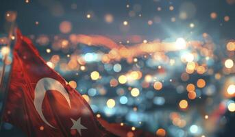 el Turquía bandera en ciudad luces bokeh antecedentes. foto