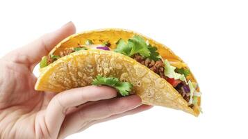 A hand holding a taco isolated on white background photo