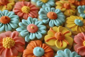 Flower cookies of turquoise yellow and orange colors photo