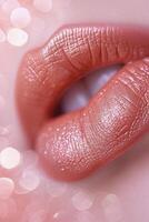 Lips for cosmetic ad on bokeh background. Makeup Product Advertisement. photo