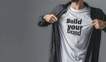 Businessman opening his shirt with the text Build your brand written on a white t-shirt against an isolated background. photo