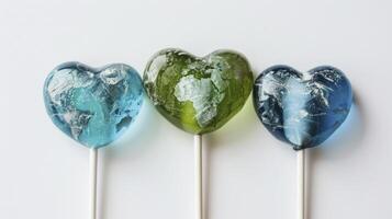 Earth Day heart-shaped lollipops against a white background photo