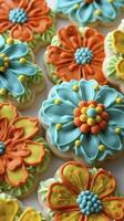 Flower cookies of turquoise yellow and orange colors photo