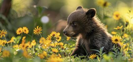 A cute baby bear cub is playing in the green grass with yellow flowers. photo