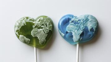 Earth Day heart-shaped lollipops against a white background photo