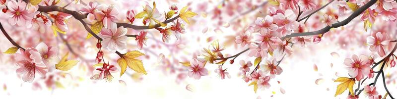 Beautiful cherry blossom tree branch with pink flowers and yellow leaves on a white background photo