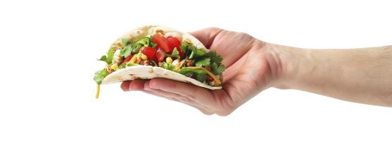 A hand holding a taco isolated on white background photo