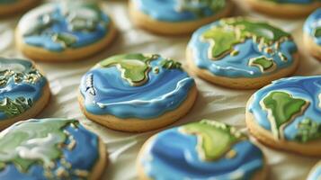 A close up of cookies decorated with blue and green icing the shape of Earth photo