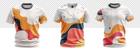 set of t-shirts with colorful abstract patterns front view, photo