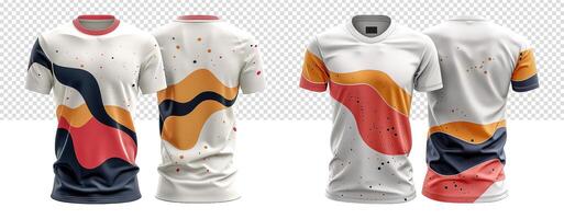set of t-shirts with colorful abstract patterns front and back view, photo