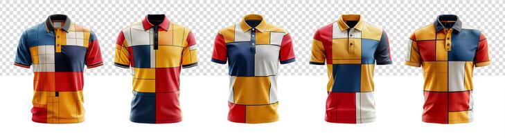 set of polo shirts with colorful pattern front view, photo