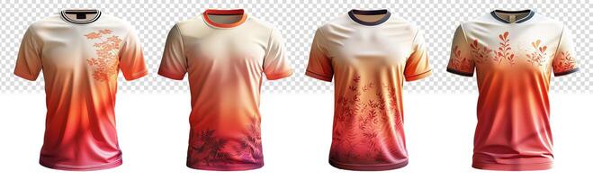 set of sports t-shirts with leaf abstract pattern front view, photo