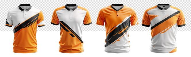 set of sport polo shirts with orange white and black abstract pattern front view, photo