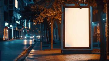 Blank white street billboard vertical advertising stand in the street at night photo