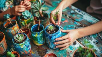 Gardener taking care of house plants in old reused jars over wooden table photo