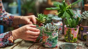 Female gardener potting succulents in painted old jars on a wooden table indoors photo