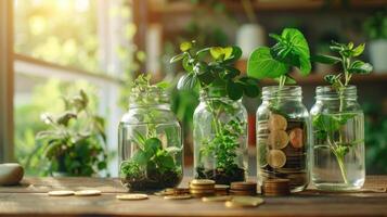 oro monedas en transparente tarro con plantas creciente encima, Finanzas y inversión concepto foto